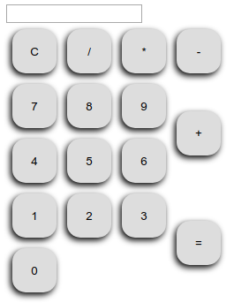 Screenshot of our calculator application, including an HTML table that defines all the buttons, with minimal CSS styling rules.