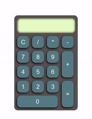 Screenshot of our Haskell calculator GUI after we apply styling rules and a color palette to make it look dynamic and give users feedback as they interact with different buttons.